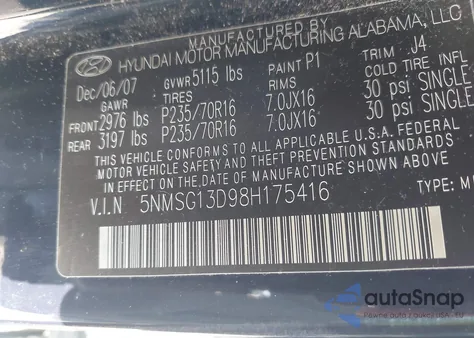 2008 Hyundai Santa Fe Gls from USA, damaged, VIN 5NMSG13D98H175416